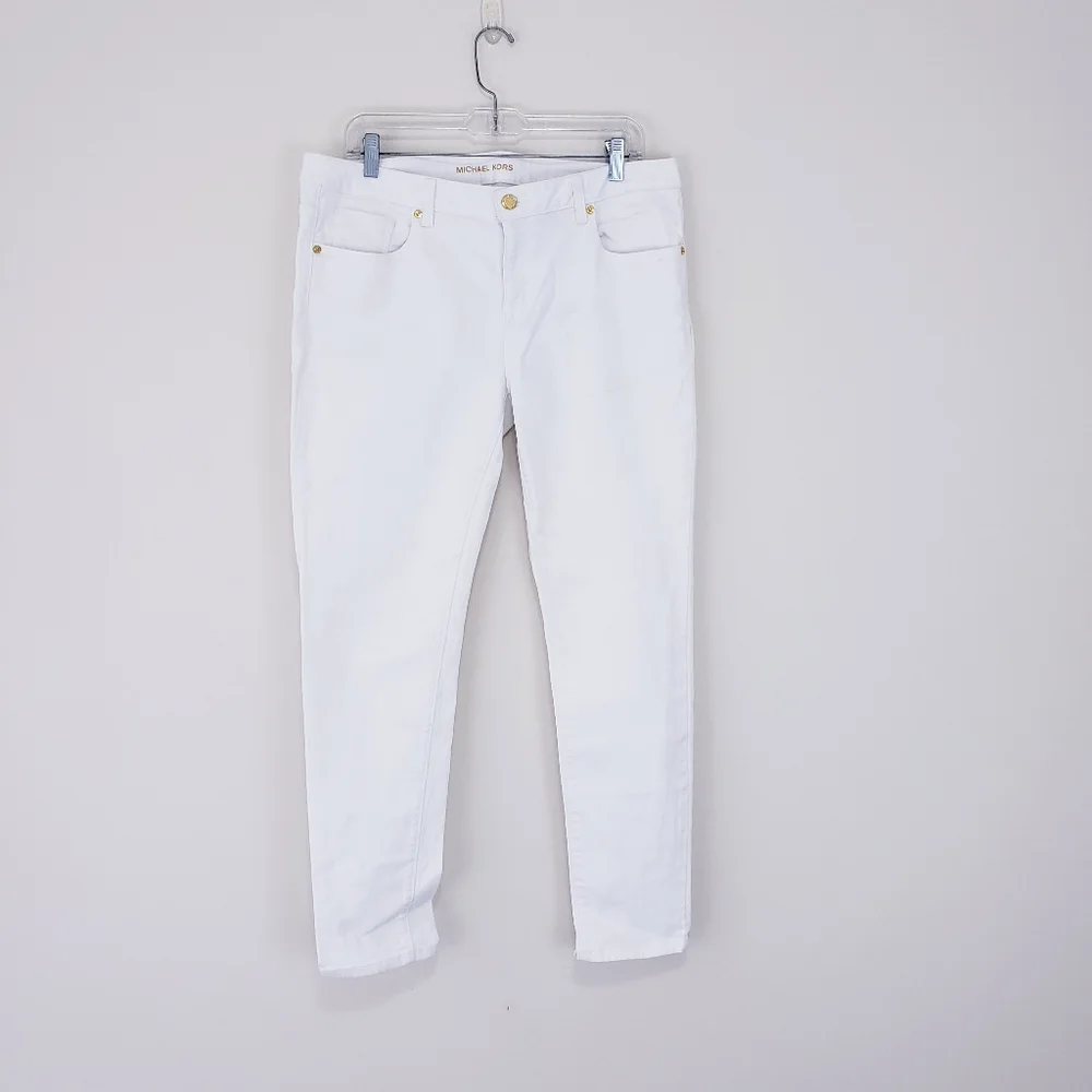 Michael Kors Selma Skinny Jeans White Mid Rise Gold Hardware Size 12 Classy